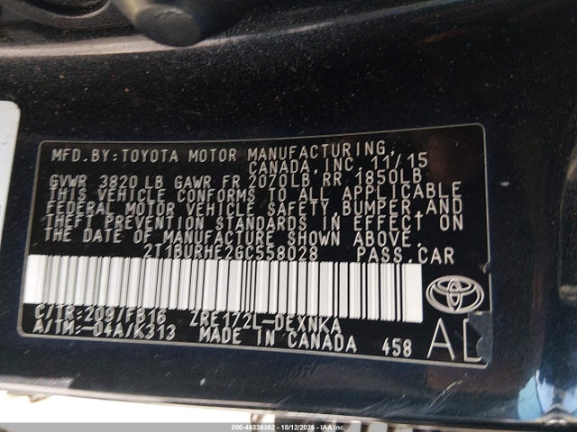 46336362 :رقم المزاد ، 2T1BURHE2GC558028 vin ، 2016 Toyota Corolla Le مزاد بيع