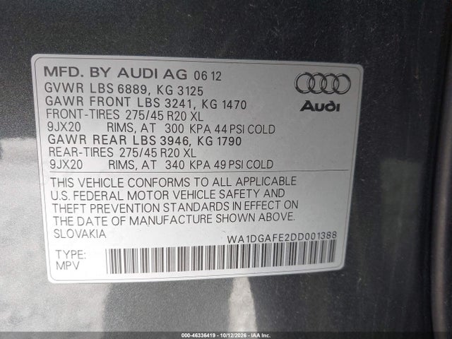 2013 Audi Q7 3.0t S Line Prestige მანქანა იყიდება აუქციონზე, vin: WA1DGAFE2DD001388, აუქციონის ნომერი: 46336419
