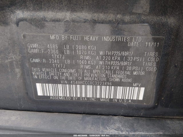 Aukcja sprzedaży 2012 Subaru Outback 2.5i Premium, vin: 4S4BRCCC0C3223496, numer aukcji: 46336466