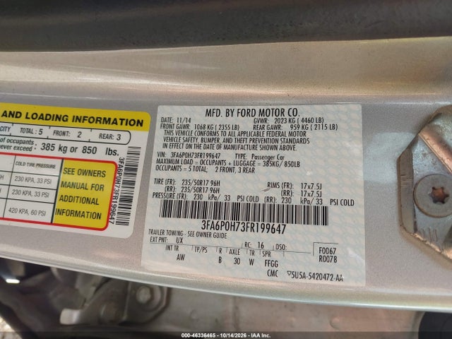 46336465 :رقم المزاد ، 3FA6P0H73FR199647 vin ، 2015 Ford Fusion Se مزاد بيع