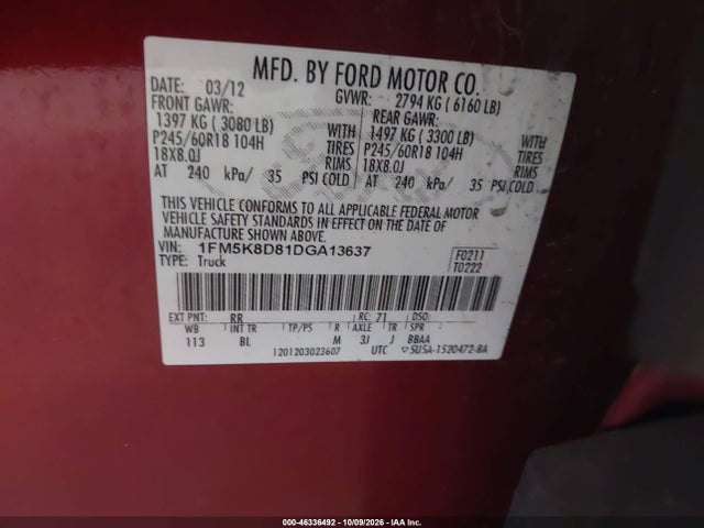 46336492 :رقم المزاد ، 1FM5K8D81DGA13637 vin ، 2013 Ford Explorer Xlt مزاد بيع