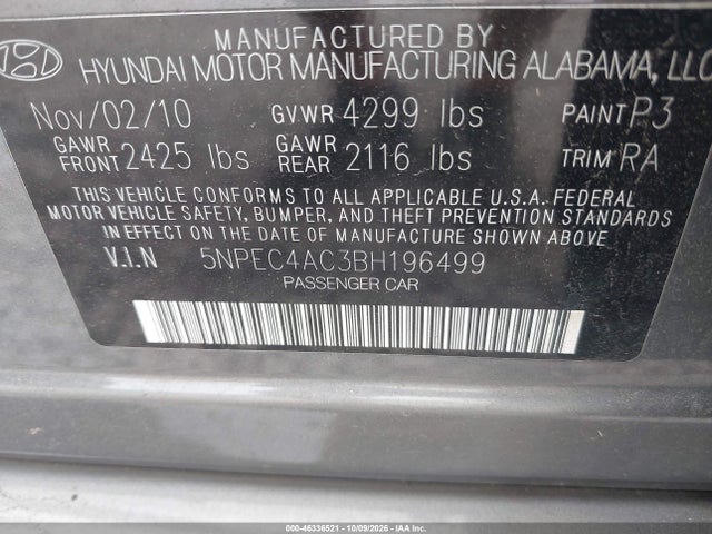 Продажа на аукционе авто 2011 Hyundai Sonata Se, vin: 5NPEC4AC3BH196499, номер лота: 46336521