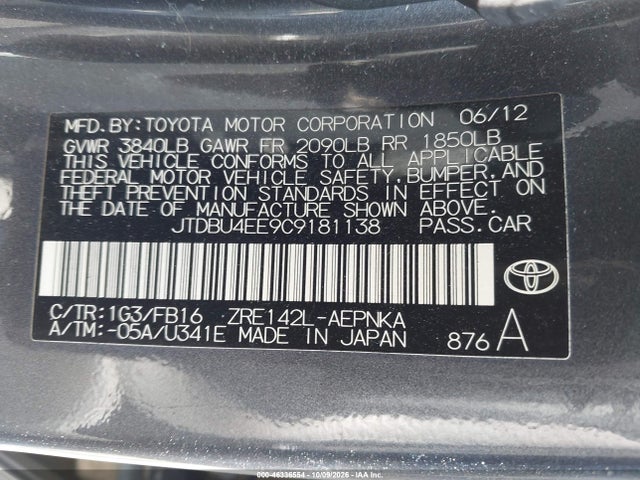 Aukcja sprzedaży 2012 Toyota Corolla Le, vin: JTDBU4EE9C9181138, numer aukcji: 46336554