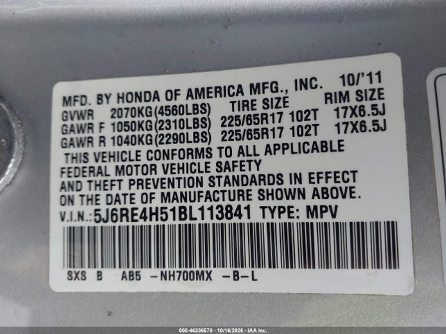 Продаж на аукціоні авто 2011 Honda Cr-v Ex, vin: 5J6RE4H51BL113841, номер лоту: 46336578