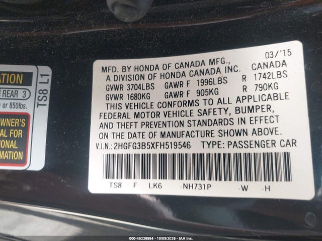 Aukcja sprzedaży 2015 Honda Civic Lx, vin: 2HGFG3B5XFH519546, numer aukcji: 46336584