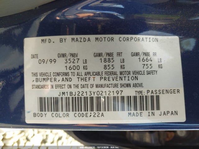 Продаж на аукціоні авто 2000 Mazda Protege Es, vin: JM1BJ2213Y0212197, номер лоту: 46336620