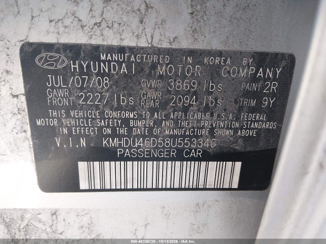 Продаж на аукціоні авто 2008 Hyundai Elantra Gls/se, vin: KMHDU46D58U553346, номер лоту: 46336725