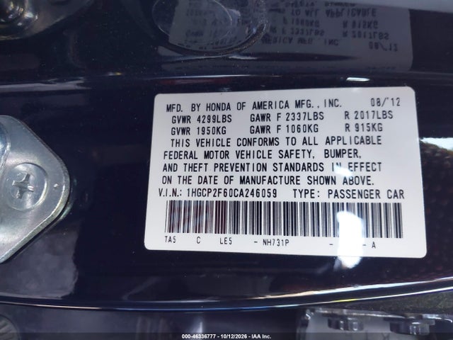 Auction sale of the 2012 Honda Accord 2.4 Se, vin: 1HGCP2F60CA246059, lot number: 46336777