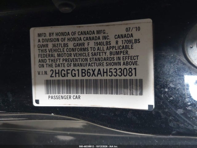 46336812 :رقم المزاد ، 2HGFG1B6XAH533081 vin ، 2010 Honda Civic Lx مزاد بيع