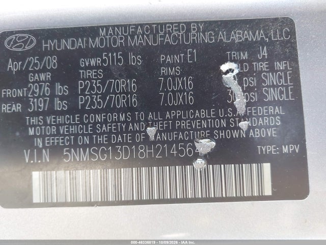 Продаж на аукціоні авто 2008 Hyundai Santa Fe Gls, vin: 5NMSG13D18H214564, номер лоту: 46336819