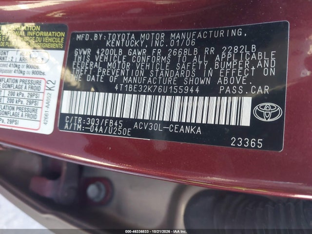 46336833 :رقم المزاد ، 4T1BE32K76U155944 vin ، 2006 Toyota Camry Le مزاد بيع