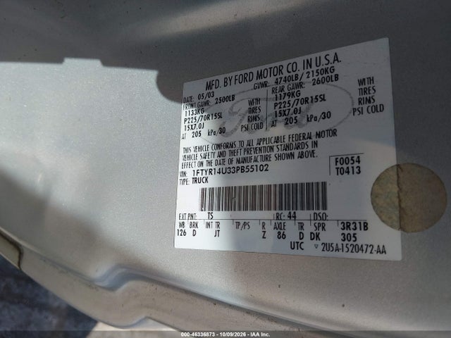 46336873 :رقم المزاد ، 1FTYR14U33PB55102 vin ، 2003 Ford Ranger مزاد بيع