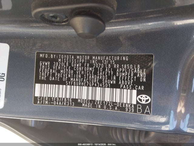 46336913 :رقم المزاد ، 5YFBURHE7GP434501 vin ، 2016 Toyota Corolla Le Plus مزاد بيع