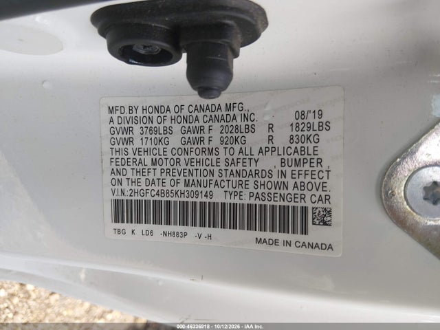 2019 Honda Civic Sport მანქანა იყიდება აუქციონზე, vin: 2HGFC4B85KH309149, აუქციონის ნომერი: 46336918