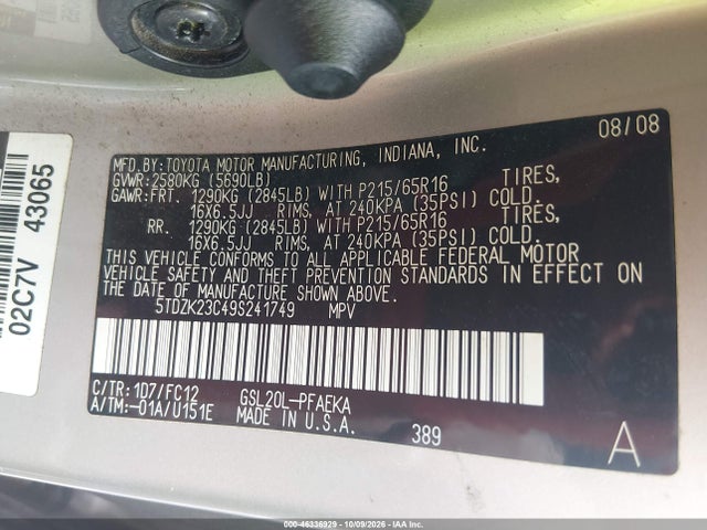 46336929 :رقم المزاد ، 5TDZK23C49S241749 vin ، 2009 Toyota Sienna Le مزاد بيع