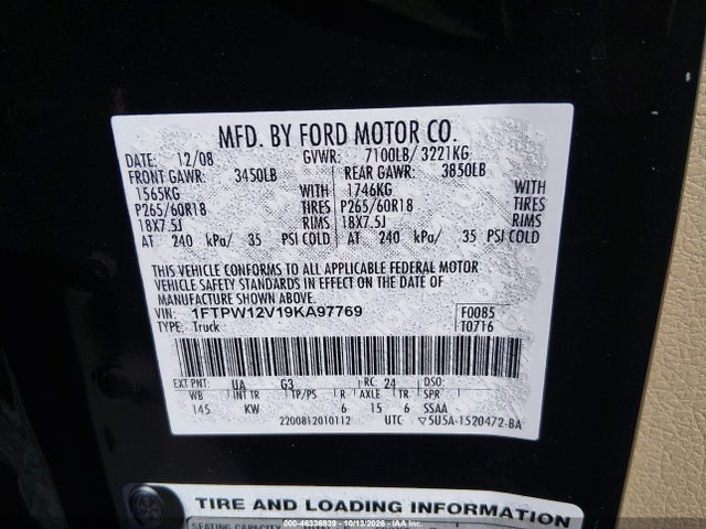 Продажа на аукционе авто 2009 Ford F-150 King Ranch/lariat/platinum/xl/xlt, vin: 1FTPW12V19KA97769, номер лота: 46336939