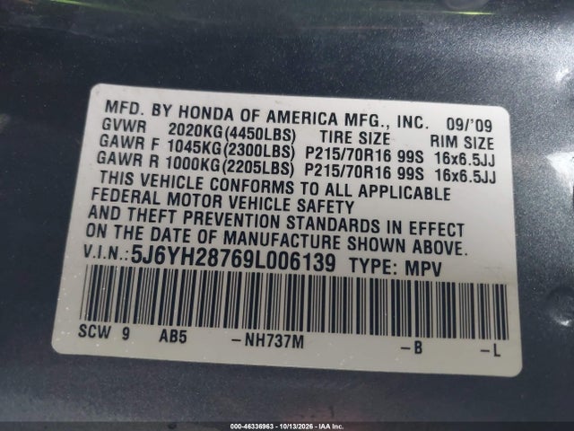 Продаж на аукціоні авто 2009 Honda Element Ex, vin: 5J6YH28769L006139, номер лоту: 46336963
