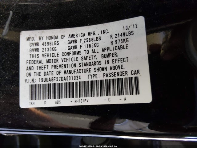 46336985 :رقم المزاد ، 19UUA8F57DA001034 vin ، 2013 Acura Tl 3.5 مزاد بيع