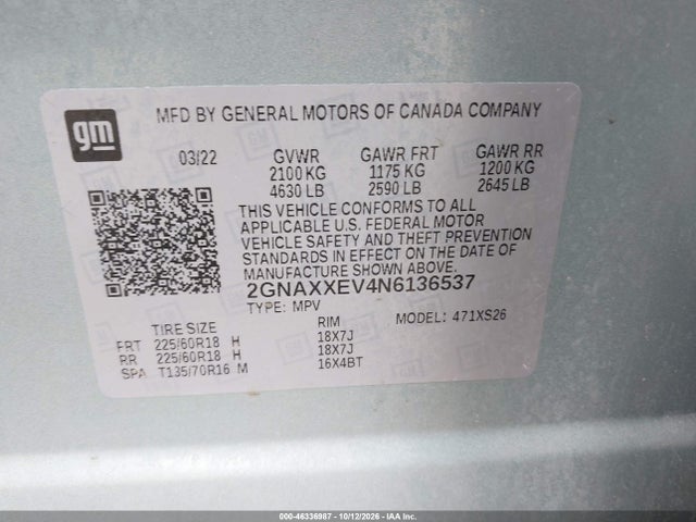 Aukcja sprzedaży 2022 Chevrolet Equinox Awd Premier, vin: 2GNAXXEV4N6136537, numer aukcji: 46336987