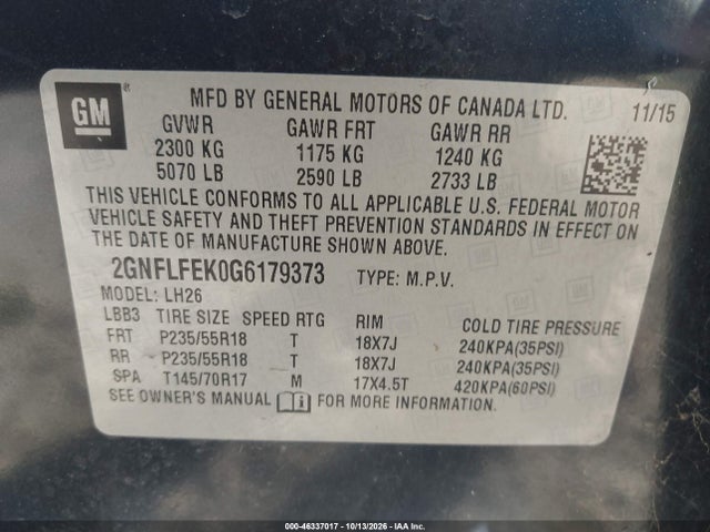 Продаж на аукціоні авто 2016 Chevrolet Equinox Lt, vin: 2GNFLFEK0G6179373, номер лоту: 46337017
