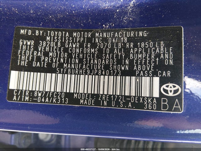 46337127 :رقم المزاد ، 5YFBURHE9JP840173 vin ، 2018 Toyota Corolla Se مزاد بيع