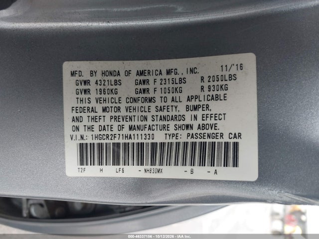 Aukcja sprzedaży 2017 Honda Accord Ex, vin: 1HGCR2F71HA111330, numer aukcji: 46337156