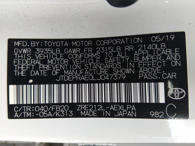 Aukcja sprzedaży 2020 Toyota Corolla Le, vin: JTDEPRAE0LJ047379, numer aukcji: 46337189
