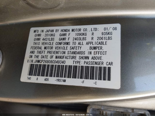 46337210 :رقم المزاد ، JHMCP26808C049340 vin ، 2008 Honda Accord 2.4 Ex-l مزاد بيع