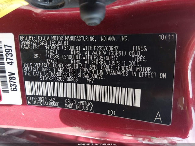 Aukcja sprzedaży 2012 Toyota Sienna Xle V6 8 Passenger, vin: 5TDYK3DC2CS196866, numer aukcji: 46337225