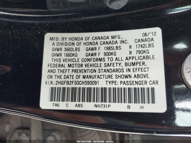 46337250 :رقم المزاد ، 2HGFB2F50CH590091 vin ، 2012 Honda Civic Lx مزاد بيع