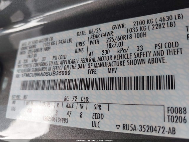 46337258 :رقم المزاد ، 1FMCU9NA0SUB35090 vin ، 2025 Ford Escape St-line Select مزاد بيع
