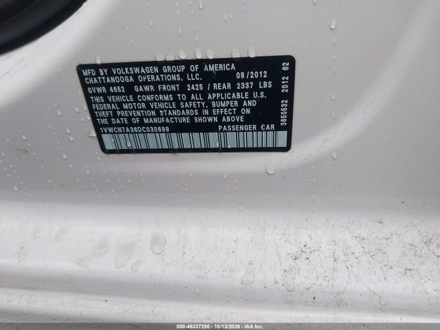 Продаж на аукціоні авто 2013 Volkswagen Passat 2.0l Tdi Sel Premium, vin: 1VWCN7A36DC030699, номер лоту: 46337280