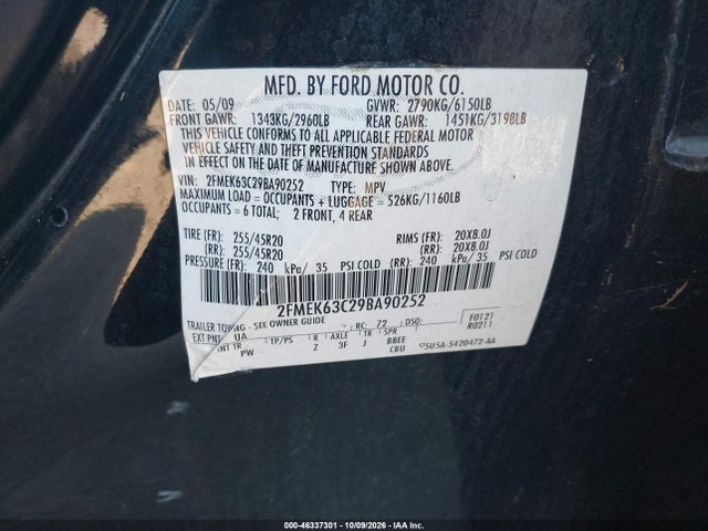 Продаж на аукціоні авто 2009 Ford Flex Limited, vin: 2FMEK63C29BA90252, номер лоту: 46337301