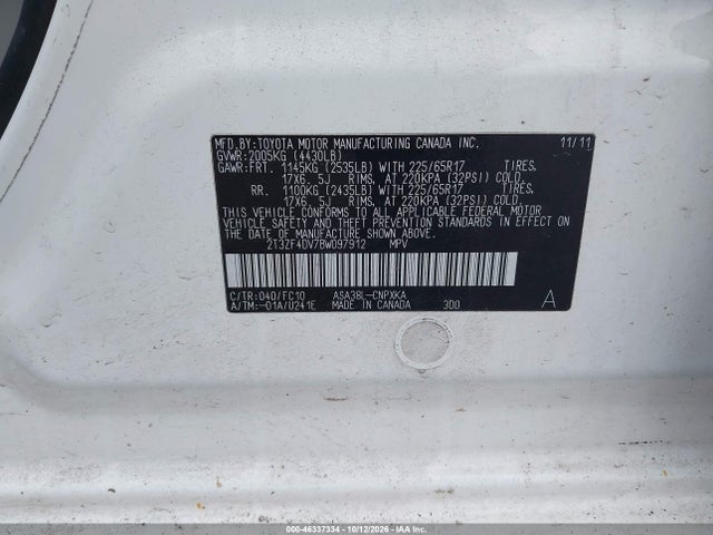 46337334 :رقم المزاد ، 2T3ZF4DV7BW097912 vin ، 2011 Toyota Rav4 مزاد بيع