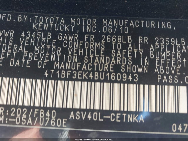 Aukcja sprzedaży 2011 Toyota Camry Le, vin: 4T1BF3EK4BU160943, numer aukcji: 46337360