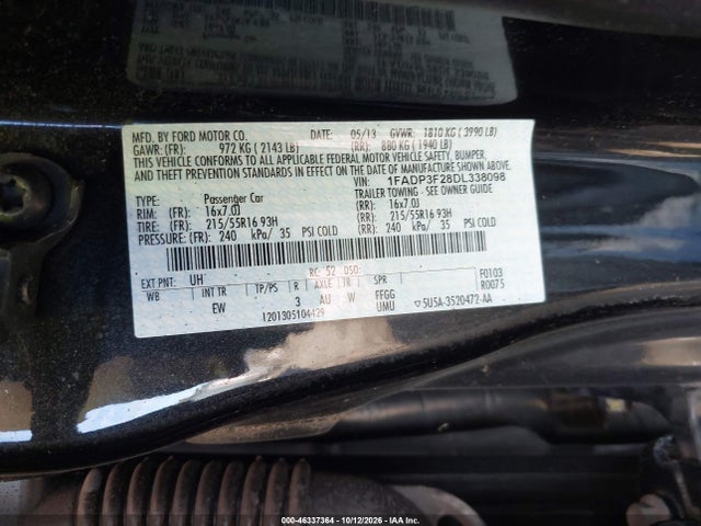 46337364 :رقم المزاد ، 1FADP3F28DL338098 vin ، 2013 Ford Focus Se مزاد بيع