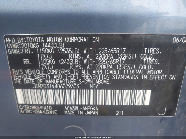 46337439 :رقم المزاد ، JTMZD31V486079303 vin ، 2008 Toyota Rav4 Limited مزاد بيع