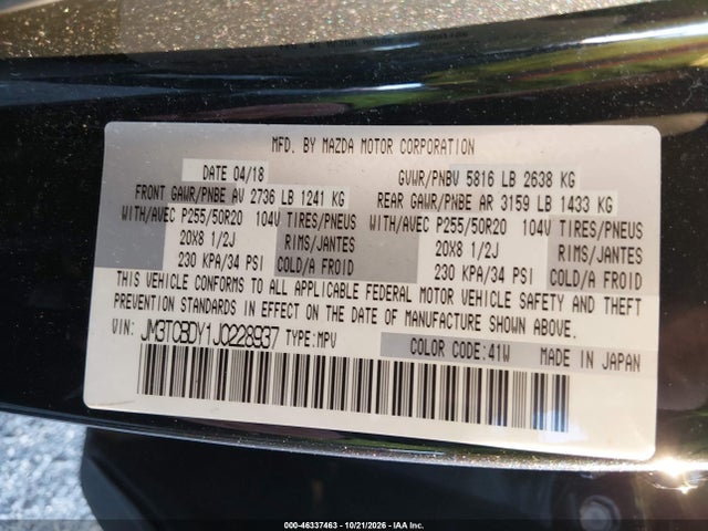 46337463 :رقم المزاد ، JM3TCBDY1J0228937 vin ، 2018 Mazda Cx-9 Grand Touring مزاد بيع