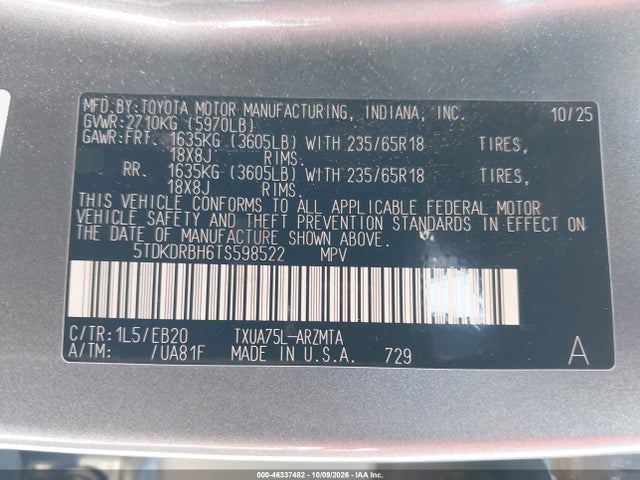 Продажа на аукционе авто 2026 Toyota Highlander Xle, vin: 5TDKDRBH6TS598522, номер лота: 46337482