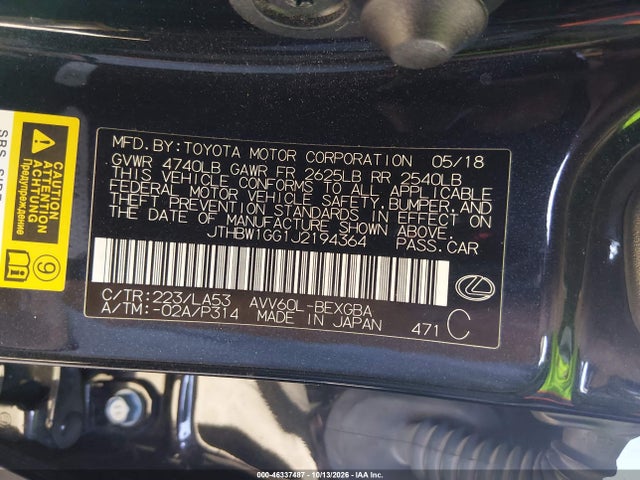 Lexus ES 300H 2018 JTHBW1GG1J2194364 Image 9