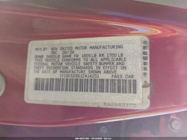 46337492 :رقم المزاد ، 1Y1SK52861Z414251 vin ، 2001 Chevrolet Prizm مزاد بيع