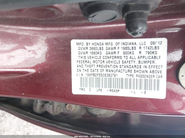 Aukcja sprzedaży 2012 Honda Civic Lx, vin: 19XFB2F55CE380791, numer aukcji: 46337502