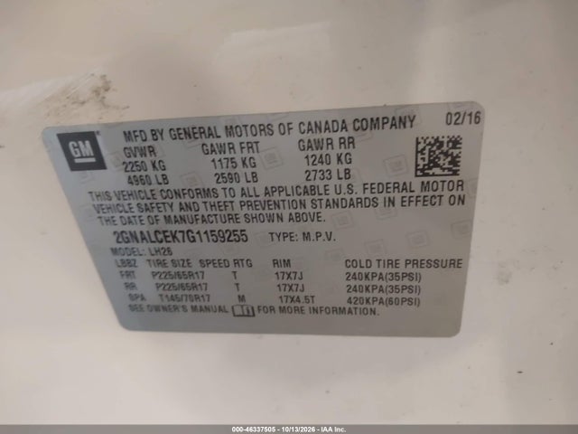 46337505 :رقم المزاد ، 2GNALCEK7G1159255 vin ، 2016 Chevrolet Equinox Lt مزاد بيع