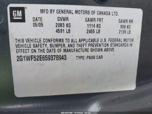 46337506 :رقم المزاد ، 2G1WF52E659378943 vin ، 2005 Chevrolet Impala مزاد بيع