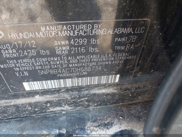 Продажа на аукционе авто 2013 Hyundai Sonata Gls, vin: 5NPEB4AC7DH585734, номер лота: 46337543