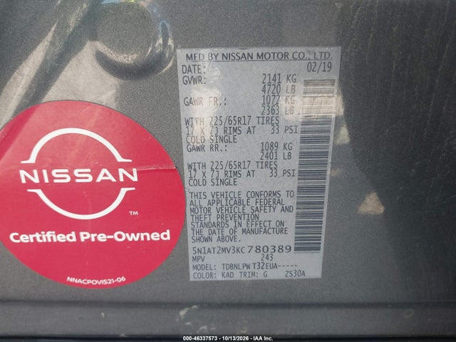 Aukcja sprzedaży 2019 Nissan Rogue S, vin: 5N1AT2MV3KC780389, numer aukcji: 46337573