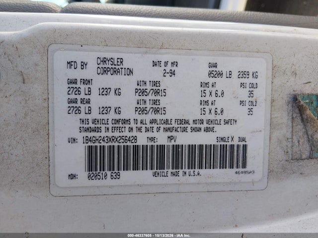 1994 Dodge Grand Caravan მანქანა იყიდება აუქციონზე, vin: 1B4GH243XRX256428, აუქციონის ნომერი: 46337605