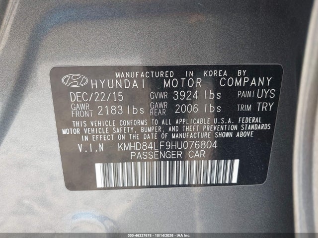 46337678 :رقم المزاد ، KMHD84LF9HU076804 vin ، 2017 Hyundai Elantra Limited مزاد بيع