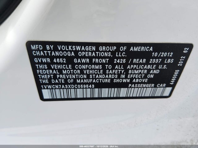 Aukcja sprzedaży 2013 Volkswagen Passat Sel, vin: 1VWCN7A3XDC059543, numer aukcji: 46337697