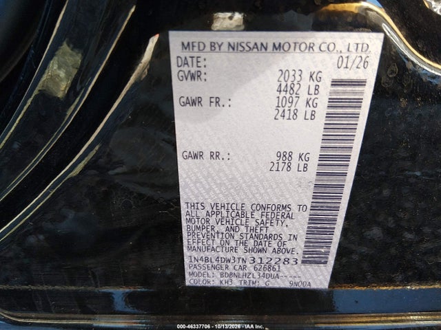 Aukcja sprzedaży 2026 Nissan Altima Sv Awd, vin: 1N4BL4DW3TN312283, numer aukcji: 46337706